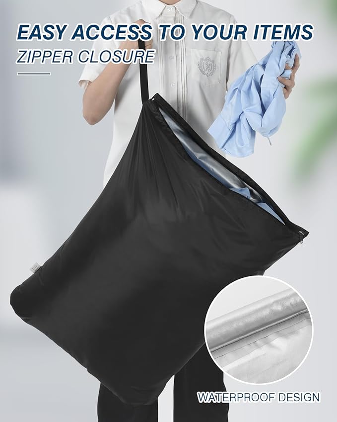 OTraki 2Pcs Large Laundry Bags 24x32 inch Wet Dry Bag Reusable Waterproof bag with Zipper Wet Clothes Blanket/Bedding/Coat/Sweater Organize Machine Washable for Home Travel Hotel Camping, Black