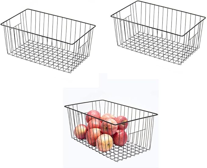 16inch Freezer Wire Storage Organizer Baskets, Household Refrigerator Bins with Built-in Handles for Cabinet, Pantry, Closet, Bedroom