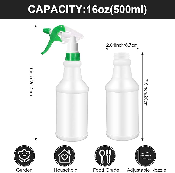 Eccliy 12 Pcs 16 Oz Plastic Spray Bottle, Adjustable Empty Reusable Sprayer for Cleaning, Planting, Water, Bathroom and Kitchen, BBQ, Commercial and Residential(Green, White,Original)