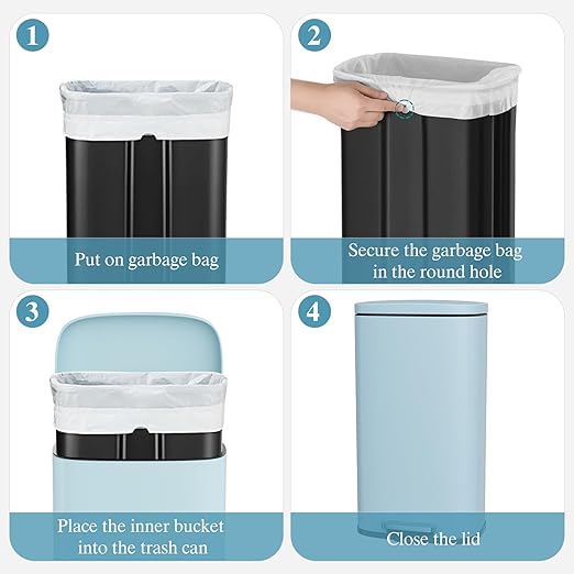 AthLike Trash Can, Stainless Steel Kitchen Garbage Can, Step Waste Bin with Hinged Lid and Removable Inner Bucket, Soft-Close, Dustbin for Bathroom Bedroom Living Room Home (Tide Pool Blue, 8 Gal)