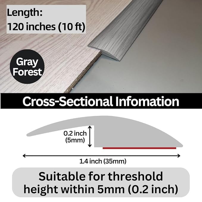 Floor Transition Strip Self Adhesive Carpet Wood Tile Vinyl Flooring Laminate Transition Cover Edge Trim Gap Doorway Threshold for Uneven Floors Heights Within 5 mm (120 inches, Gray Forest)
