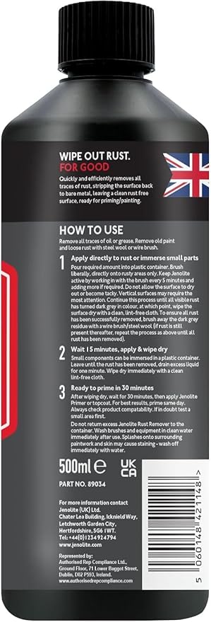 JENOLITE Rust Remover for Metal - Fast Acting No Drip Thick Liquid - Industrial Strength, Removes Rust Back to Bare Metal - 17oz (500ml)