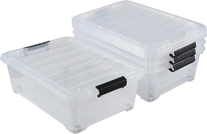 4 Pack 20 L Plastic Under Bed Storage Box with Lid, Clear Plastic Storage Bins Under Bed with Wheels