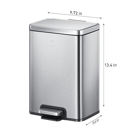 EKO Madison 12L / 3.2 Gal Bathroom Trash Can with Lid and Removable Inner Basket, Rectangular Small Step Trash Can, Brushed Stainless Steel