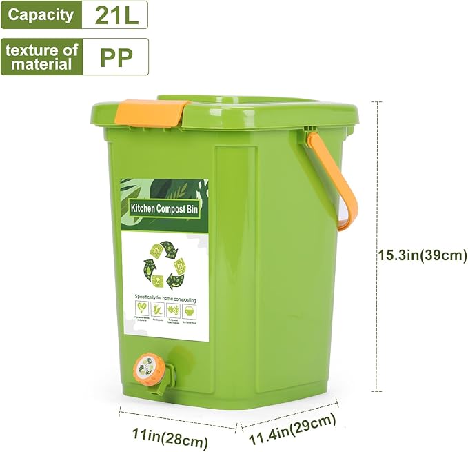Compost Bin Outdoor, 21 L Garden Composting Bin Bags, Breathable Screen Window Reusable Garden Yard Waste Bags Speed Up Composting & Reduce Odors, Indoor Small Kitchen Compost Bin with Lid, Green