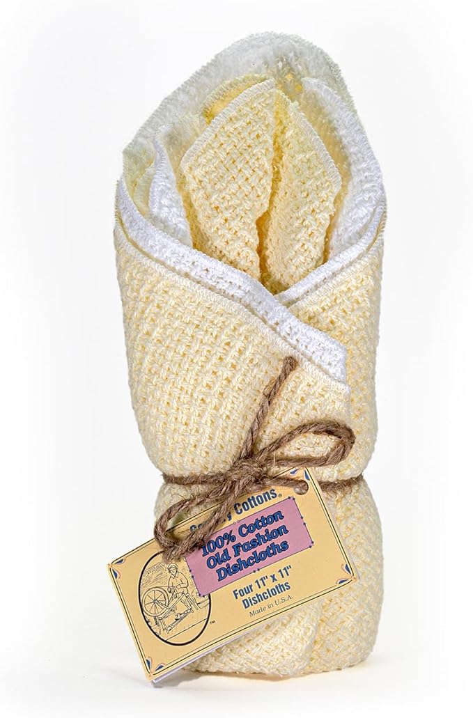 Old Fashion 100% Cotton Dishcloths - Set of 4 Mixed Colors - 2 Yellow/2 White -11" x 11"