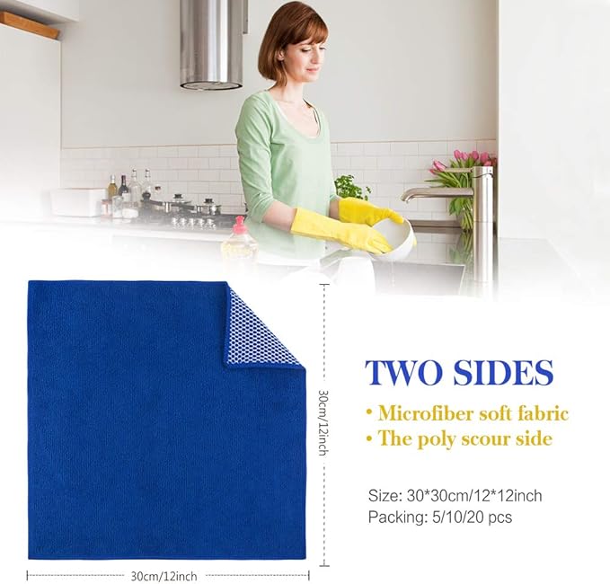 SINLAND Microfiber Dish Cloth for Washing Dishes Best Kitchen Washcloth Cleaning Cloths Poly Scour Side 12inchx12inch 5 Pack (Blue+White+Grey+Brown+Black)