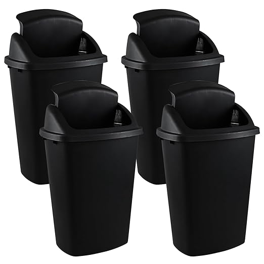 Teyyvn 13 Gallon Tall Kitchen Swing Lid Garbage Container, Set of 4 Plastic Trash Bin with Swing Top, Black