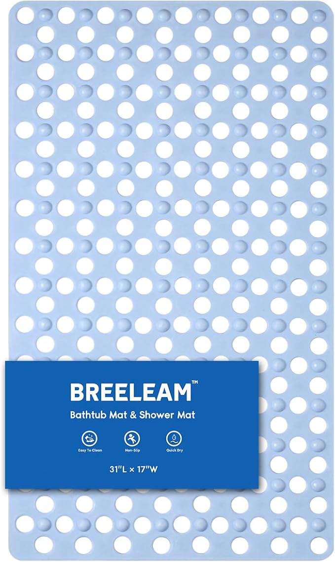 Non Slip Bathtub Mat and Shower Mat 31x17 inch,Bath Mat with Quick Dry Drain Holes and Suction Cups, Soft Comfortable Safe Bathroom Mat for Bath Tub, Floor, Tile (Light Blue)