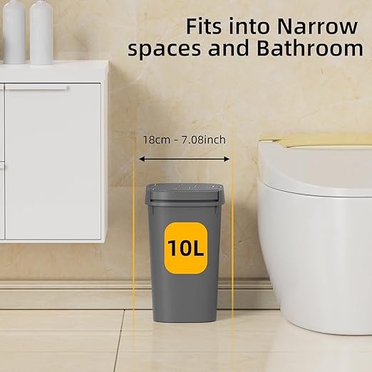 3 Pack Bathroom Small Trash Can with Lid, 2.6 Gallon Slim Garbage Bin with Pop-Up Lid, 10L Plastic Wastebasket for Bedroom, Office, Kitchen, Toilet (Gray)
