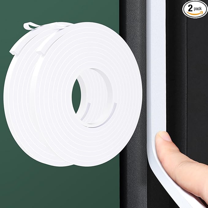 Weather Stripping Door Seal White,1/2Inch Wide X 1/4 Inch Thick,Air Conditioner Window Seal,Self Adhesive Foam Tape High Density Foam Sealing Strip,Soundproof Foam Tape Roll,2 Rolls Total 32.8Ft