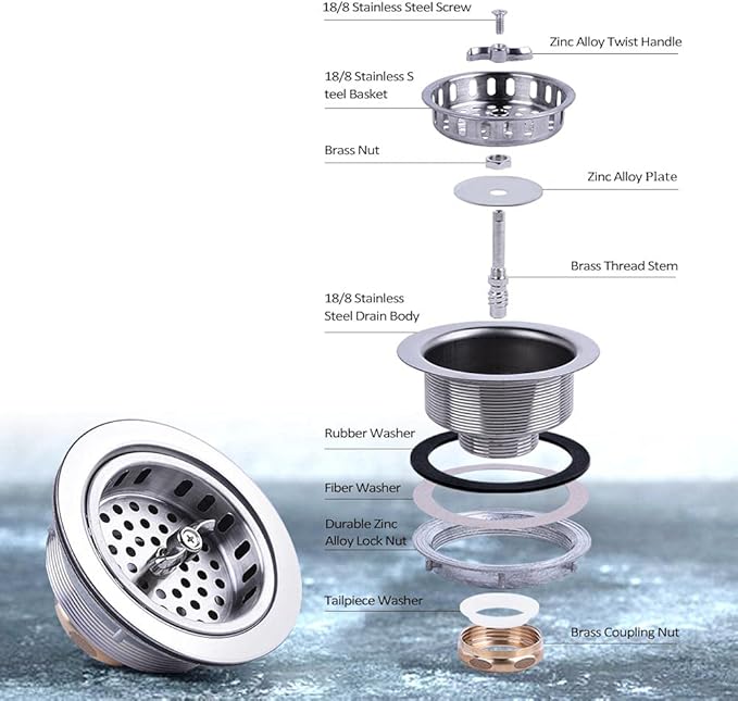 304 Stainless Steel Kitchen Sink Twist Lock Basket Drain Assembly W/Brass Nuts-VARNAHOME