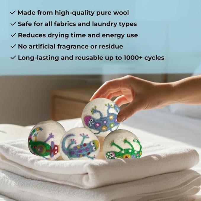 Ezhippie Quality Wool Dryer Balls - 6 XL Lizard Pack - 1000+ Loads - Pure Organic Wool - Reusable Natural Fabric Softener Perfect with Essential Oils, Reduce Clothing Static and Wrinkles