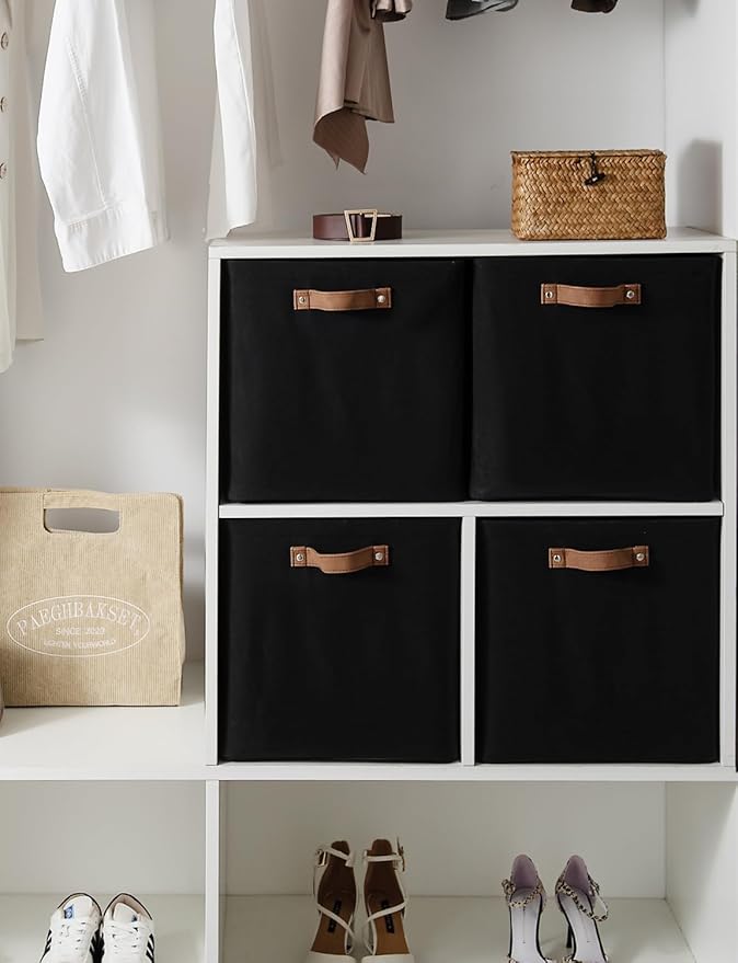 StorageWorks 13x13 Inches Storage Cube, Fabric Storage Bins with PU Handles, Collapsible Organizer Baskets for Closet, Black, 4-Pack
