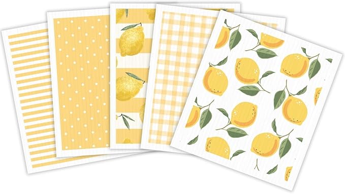 HALL & PERRY Swedish Dishcloths for Kitchen, 5-Pack, Reusable Cellulose Sponge Cloths for Kitchen & Cleaning – Eco-Friendly, Ultra-Absorbent, Quick-Drying (Lemon Yellow)