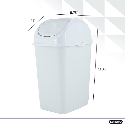 Superio Medium Trash Can with Lid 4.5 Gallon Plastic Swing Top Garbage Can Slim Waste Bin for Under Sink/Cabinet, Laundry Room, Kitchen, Office, Bedroom, Bathroom, College Dorm, 18 Qt, White, 2