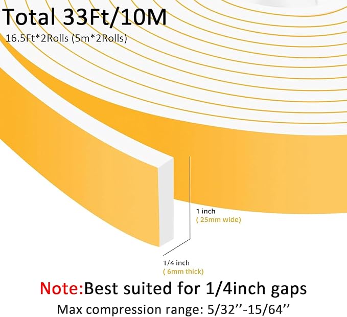 Upgraded Strong Adhesive Foam Weather Stripping Door Seal Strip Insulation Tape for Insulating Door,Air Conditioner Noise-Reduction Self Adhesive Sealing Weatherstrip(1 in x 1/4 in x 16.5 Ft)