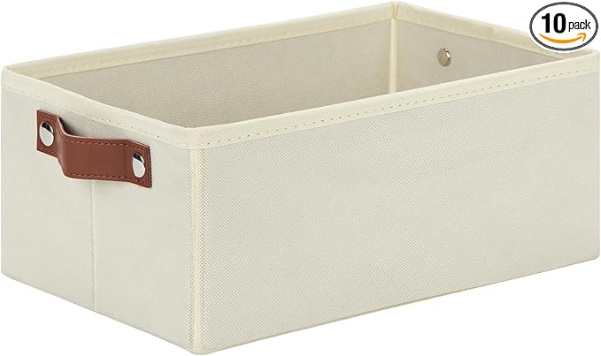 DULLEMELO Fabric Storage Bin with PU Handles, Decorative Basket and Organizer, Collapsible Bin for Toy and Clothes Storage (Light Beige, 11.8L*7.9W*5.1H)