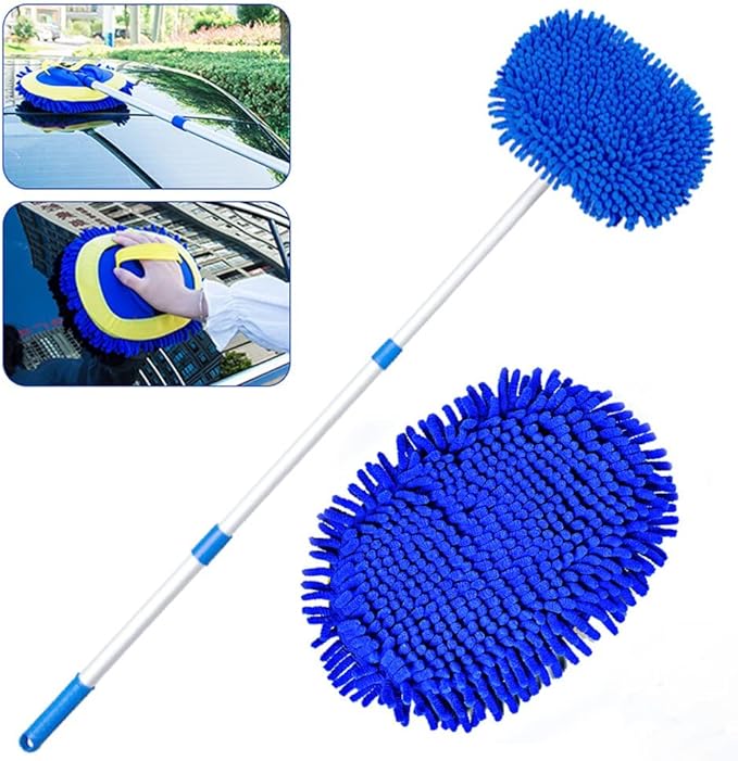 47" Car Wash Brush Kit Mitt Mop Sponge with Long Handle Chenille Microfiber Car Cleaning Brush Kit Duster Washing Car Tools Accessories, 1 Chenille Scratch-Free Replacement Head Aluminum Alloy Pole
