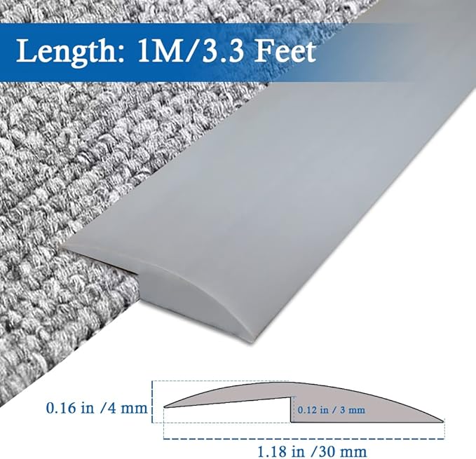 Floor Transition Strip Self Adhesive Carpet & Flooring Transitions Edging Trim Strip PVC Threshold Transitions Suitable for Threshold Height Less Than 5mm (3.3Ft, Gray)