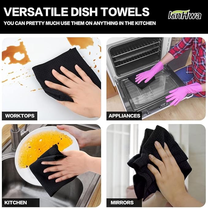 KinHwa Microfiber 6 Pack Dish Cloths Thick Waffle Weave Kitchen Dish Drying Towel Rags Super Absorbent Kitchen Tea Towels Sets 12inch x 12inch Black