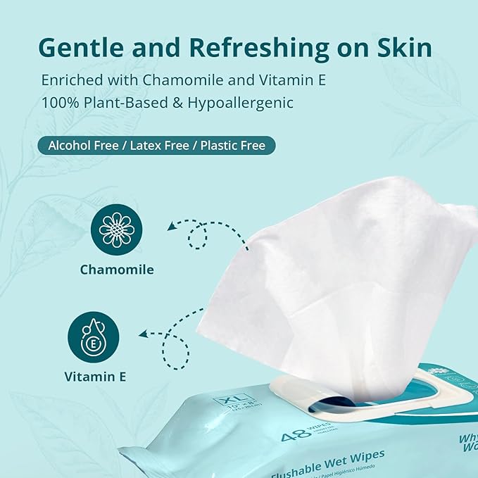 WhyWorry Flushable Wipes for Adults, Extra Large 8"x10" Butt Wipes for Personal Hygiene & Cleansing, Chamomile and Vitamin E, 100% Plant-Based, Septic & Sewer Safe, Unscented, 384 Count (8 Packs)
