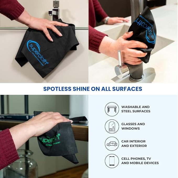 Supercloth® Premium Microfiber Cleaning Cloth for All-Purpose, Lasts Over 5 YEARS, Glasses Cleaning Cloth, Microfiber Cleaning Cloth for Cars, Magic Reusable Cloth Streak-Free 100% Made in Italy (2pk)