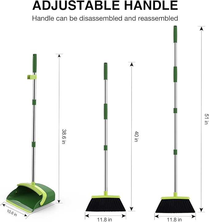 Broom and Dustpan Set, 52-in Long Adjustable Handle Broom Dustpan Combo with Dust pan Teeth to Automatically Clean Hair Suitable for Home Kitchen Office Hall Floor (Green), 2 Pack