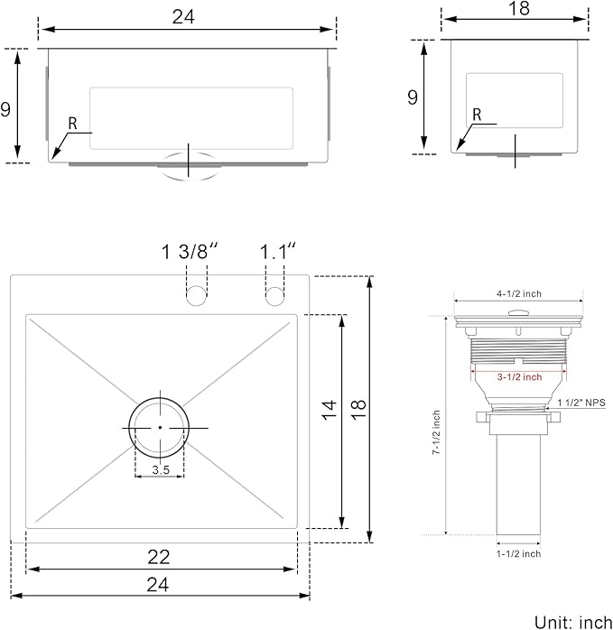 24x18 Inch Kitchen Sink Drop In, Premium T-304 Grade Stainless Steel Sink, 9" Deep Single Bowl with Brushed Finish, R10 Tight Corner,Topmount with 2 Holes, for Modern Kitchen/RV Sink