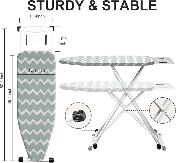 Ironing Board,Foldable Ironing Board Adjustable Height Compact Iron Board Thick Steel Tube Iron Board with Holder,Replacing Cloth Cover and Mini Handheld Gloves(Blue Waves)