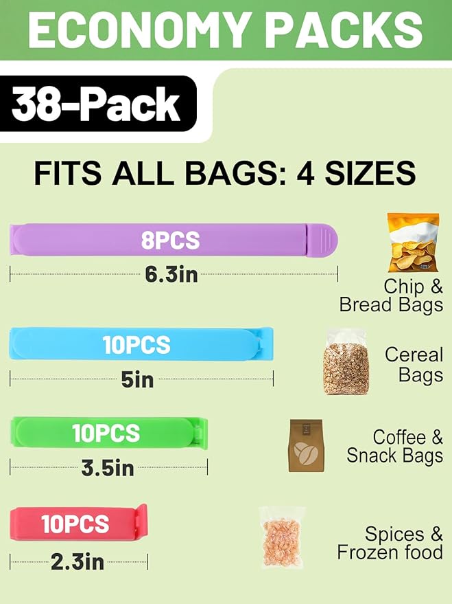 38 PCS Colorful Chip Clips - 4 Sizes Good Sealing Bag Clips for Food Snack Storage, Keeps Coffee, Bread, Cookies Fresh (6.3", 5", 3.5", 2.3")