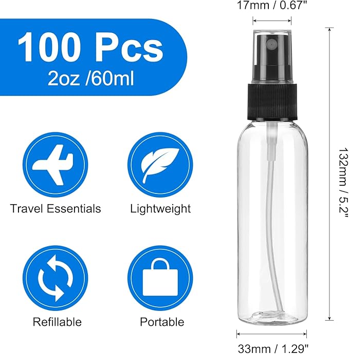 uxcell 100Pack Spray Bottles, 2Oz/60ML Clear Empty Mist Plastic Mini Travel Bottle Set,Small Refillable Liquid Containers for Household Use, Essential Oil, Cleaning (Transparent Black)