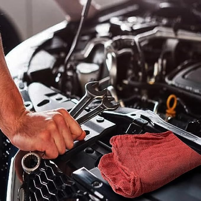 Auto Mechanic Shop Towels (13"x14"), 12 Pack Red - 100% Cotton Commercial Grade Rags for Cleaning & Maintenance, Garage Supplies - Professional Mechanics Reusable Wipes