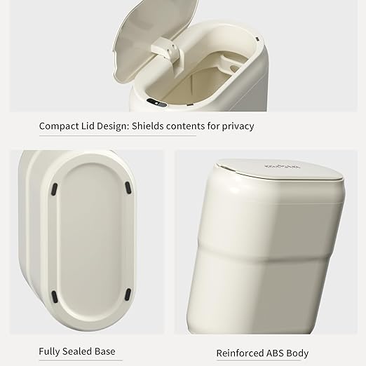 Slim Motion Sensor Trash Can for Bathroom, Automatic Compact Touchless Garbage Bin with Lid, 2.4 Gallon Small Electric Waste Basket for Narrow Apartment Dorm Office, Kitchen, Bedroom, Cream White