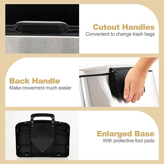 S AFSTAR 13.2 Gal Step Trash Can, 50 Liter Stainless Steel Pedal Trash Bin W/Lock Device & Soft Closing Lid, Recycling or Waste Bin, Rectangular Hand-Free Step-on Garbage Bin for Kitchen Home Office