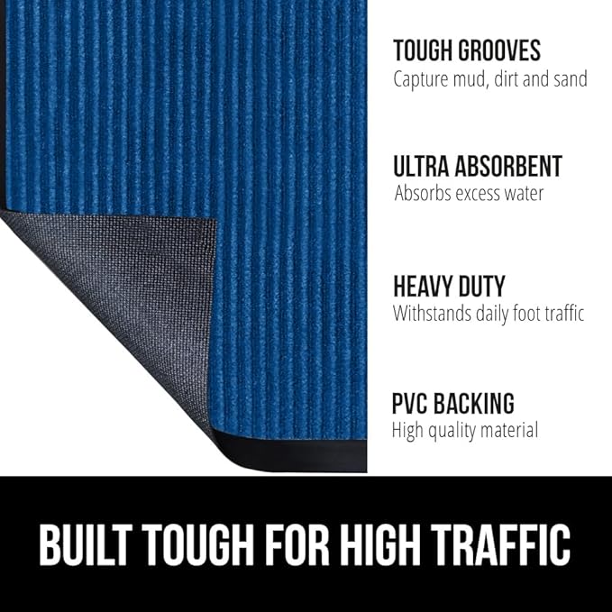 GORILLA GRIP Traffic Guard Door Mat, Heavy Duty Welcome Mats, Commercial Office Space Doormat, Waterproof, Fade Resistant, Strong Rubber Backing, Low Profile, Shoe and Boot Scraper, 35x23, Blue