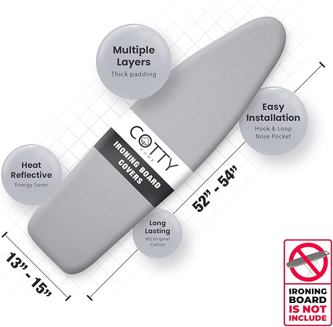 Extra Thick Ironing Board Covers with Pad Standard Size 15x54, Heat Reflective Full Scorch Resistant Padding, Snug Fit Non-Slip Nose Pocket Fastener Straps Elastic Edges, Gray