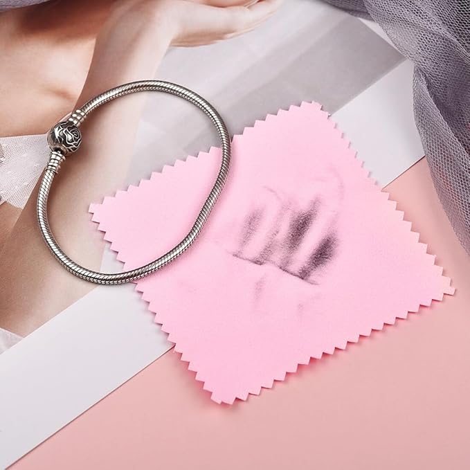 SEVENWELL 100pcs Jewelry Cleaning Cloth Pink Polishing Cloth for Sterling Silver Gold Platinum Small Silver Polish 8x8cm
