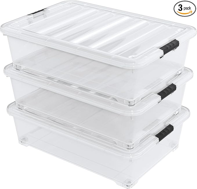 50 Quart Large Clear Plastic Under Bed Storage Bins with Wheels, 3-Pack Stackable Storage Bin with Latching Lid