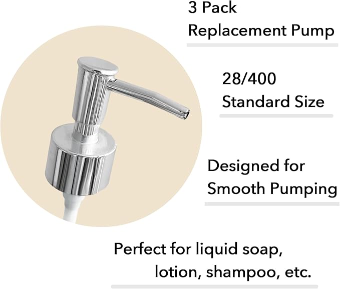 Soap Dispenser Pump Head Replacement 3 Pack, 28/400 Threads Standard Size, for Bathroom and Kitchen (Clear Silver)