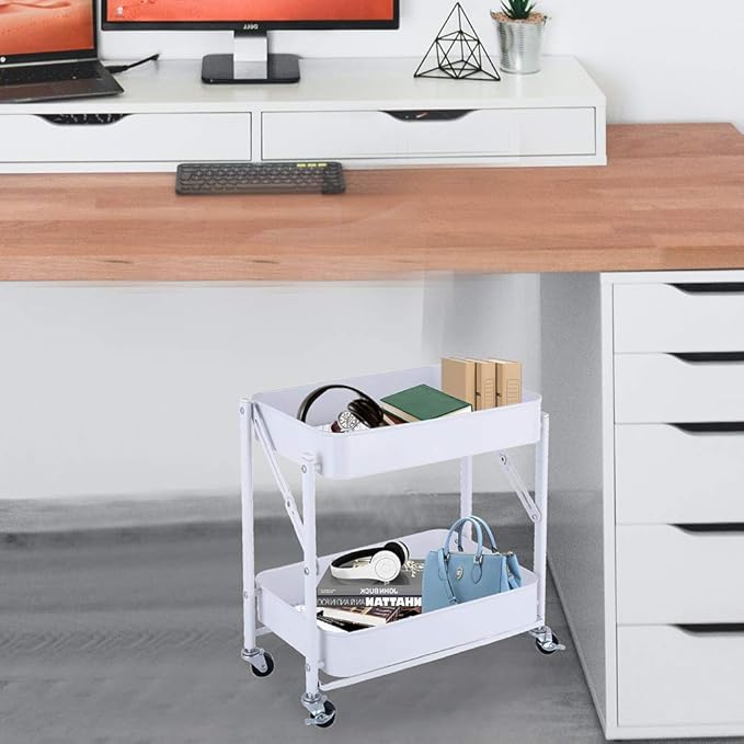 Melody House 2-Tier Metal Folding Rolling Cart, Mobile Utility Cart Trolley Storage Organizer for Office Home Kitchen Organization, Sofa Side End Table with Wheels, White
