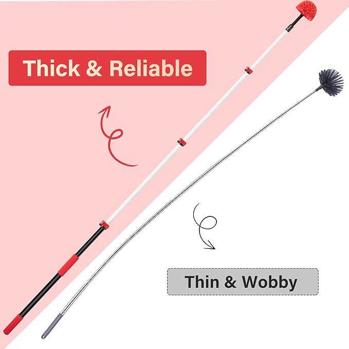 5-12 FT Cobweb Duster with Extension Pole, 20 FT High Reach Spider Web Brush with Telescopic Pole, Extendable Duster with 2 Outdoor Cobweb Brushes, Duster for High Ceiling