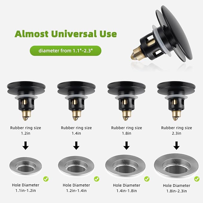 Universal 2PCS Bathroom Sink Stopper 2 in 1 Pop Up Metal Sink Drain Strainer with Hair Catcher, Fit for 1.1~2.36" Sink Basin Hole, Big Cover Cap, Anti-clog, Matte Black