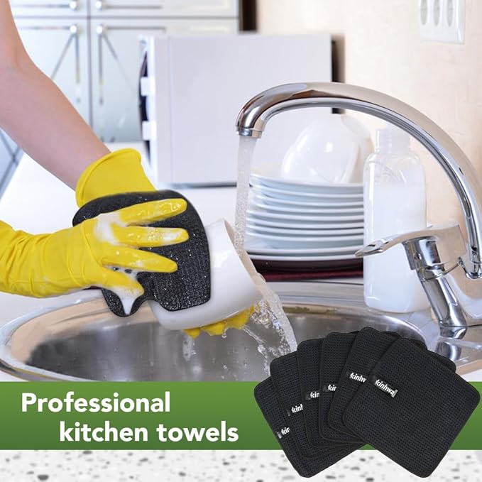 KinHwa Dish Cloths for Washing Dishes Kitchen Towels Microfiber Dish Towels for Kitchen Dish Towels Absorbent 8inch x 8inch 6 Pack (Black, 8in x 8in 10 PC)
