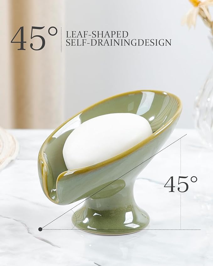 Soap Dish, Self Draining Bar Soap Holder for Bathroom Sink, Leaf Shaped Drainage Ceramic Olive Green Porcelain Decorative Soap Dish, No Suction Cup, ANTIS'S HOME