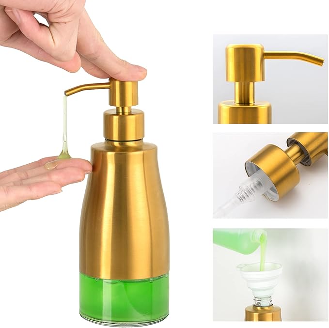Gaussra Soap Dispenser with Coaster and Stickers, Brushed Gold Stainless Steel Glass Hand Pump Dispenser, Anti Rust Bottle, for Kitchen & Bathroom Detergent Bottle，Refillable Hand Liquid Dispenser