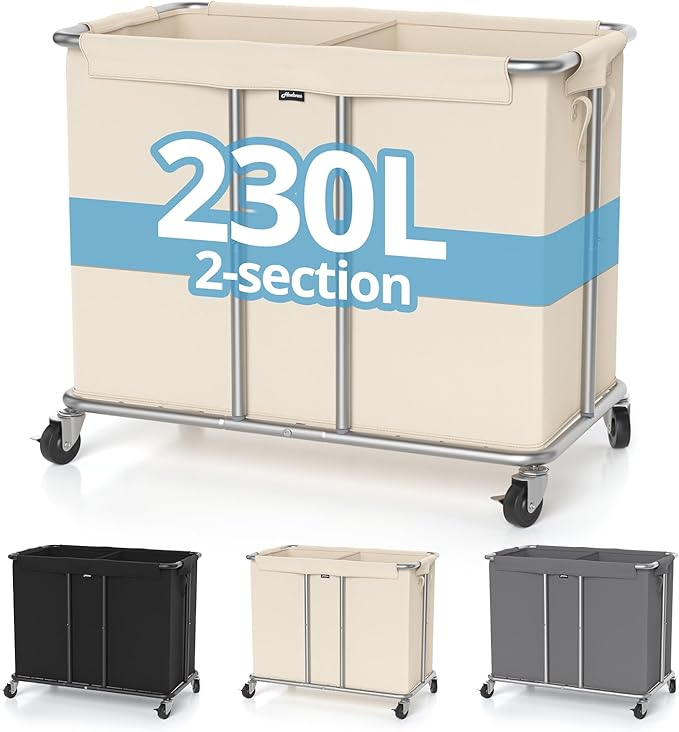 230L Rolling Laundry Hamper, 2-Section Laundry Basket with Wheels, 61 Gallons Laundry Sorter with Metal Structure and Removable Liner, Clothes Hamper for Laundry Room, Bathroom, Bedroom, Beige