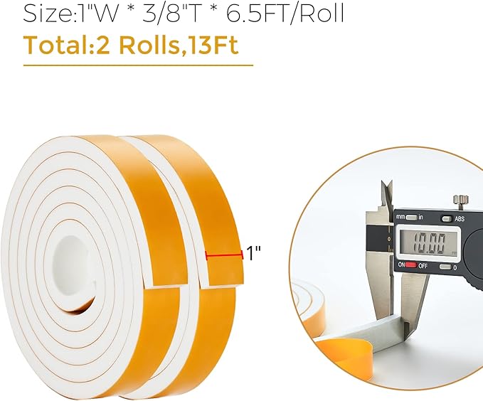 13 Feet Weather Stripping Door Seal, 1" Wide X 3/8" Thick Door Seal Strip High Density Foam Tape Adhesive Strip for Door Soundproofing,Window Insulation (1" x 3/8" x 13FT,White)