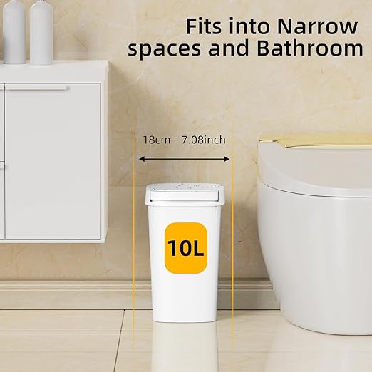 3 Pack Bathroom Small Trash Can with Lid, 2.6 Gallon Slim Garbage Bin with Pop-Up Lid, 10L Plastic Wastebasket for Bedroom, Office, Kitchen, Toilet (White)