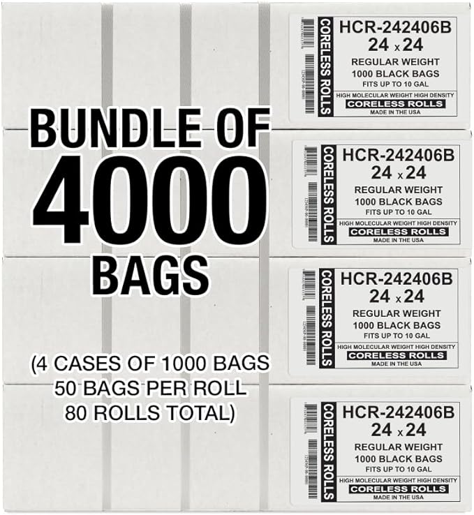 Aluf Plastics High Density Trash Bags, 10 Gallon, 4000 Count, 6 Micron (eq), 24" x 24", Black, for Bathroom, Office, Industrial, Commercial, Janitorial, Municipal, Recycling
